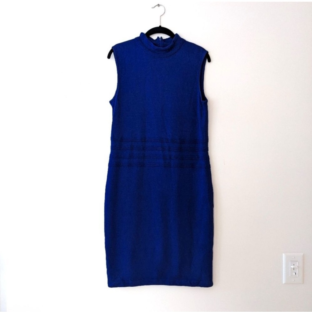 St. John Blue Mock Neck Sheath Midi Dress